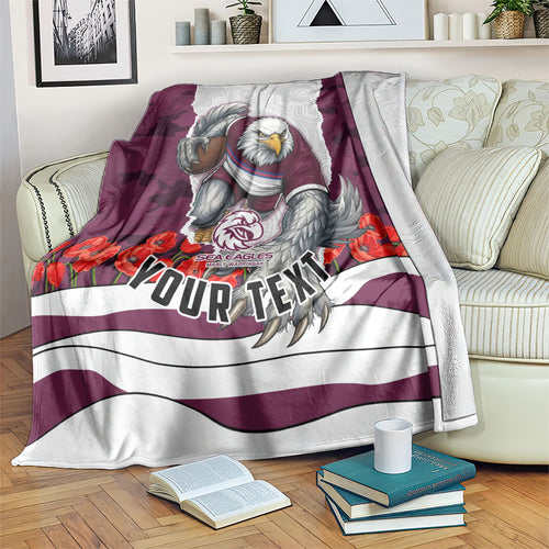 Personalized Sea Eagles ANZAC Tribute Blanket Poppy Field Soldier Silhouette Aboriginal Rugby Mascot