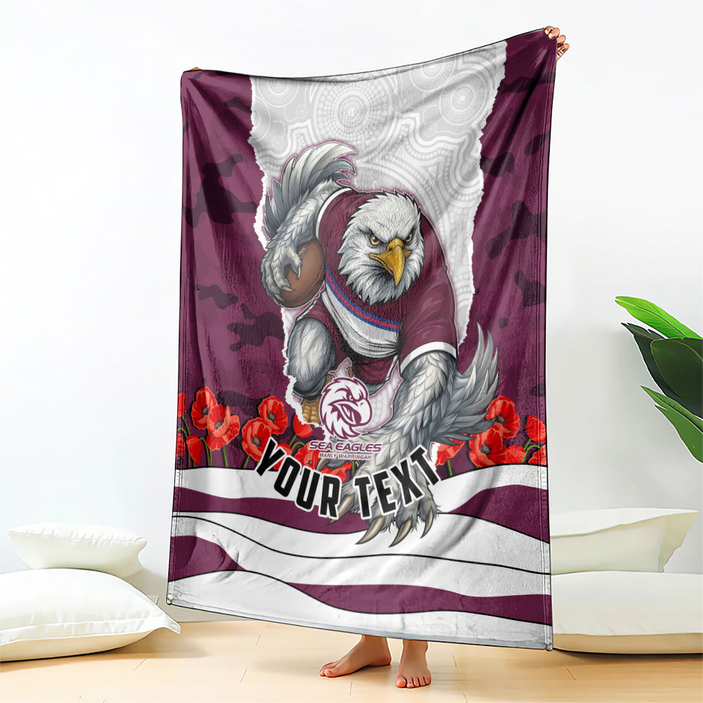 Personalized Sea Eagles ANZAC Tribute Blanket Poppy Field Soldier Silhouette Aboriginal Rugby Mascot