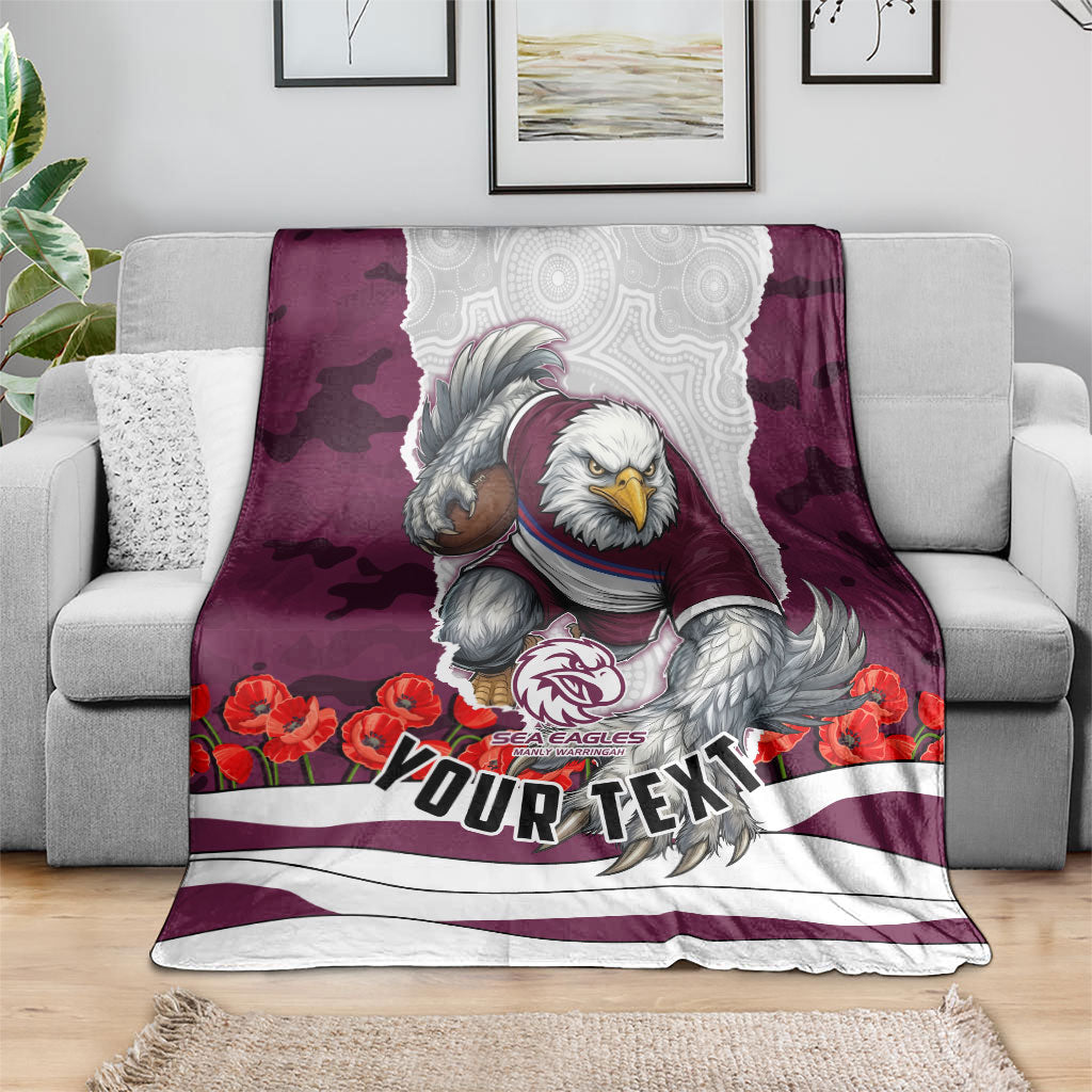 Personalized Sea Eagles ANZAC Tribute Blanket Poppy Field Soldier Silhouette Aboriginal Rugby Mascot