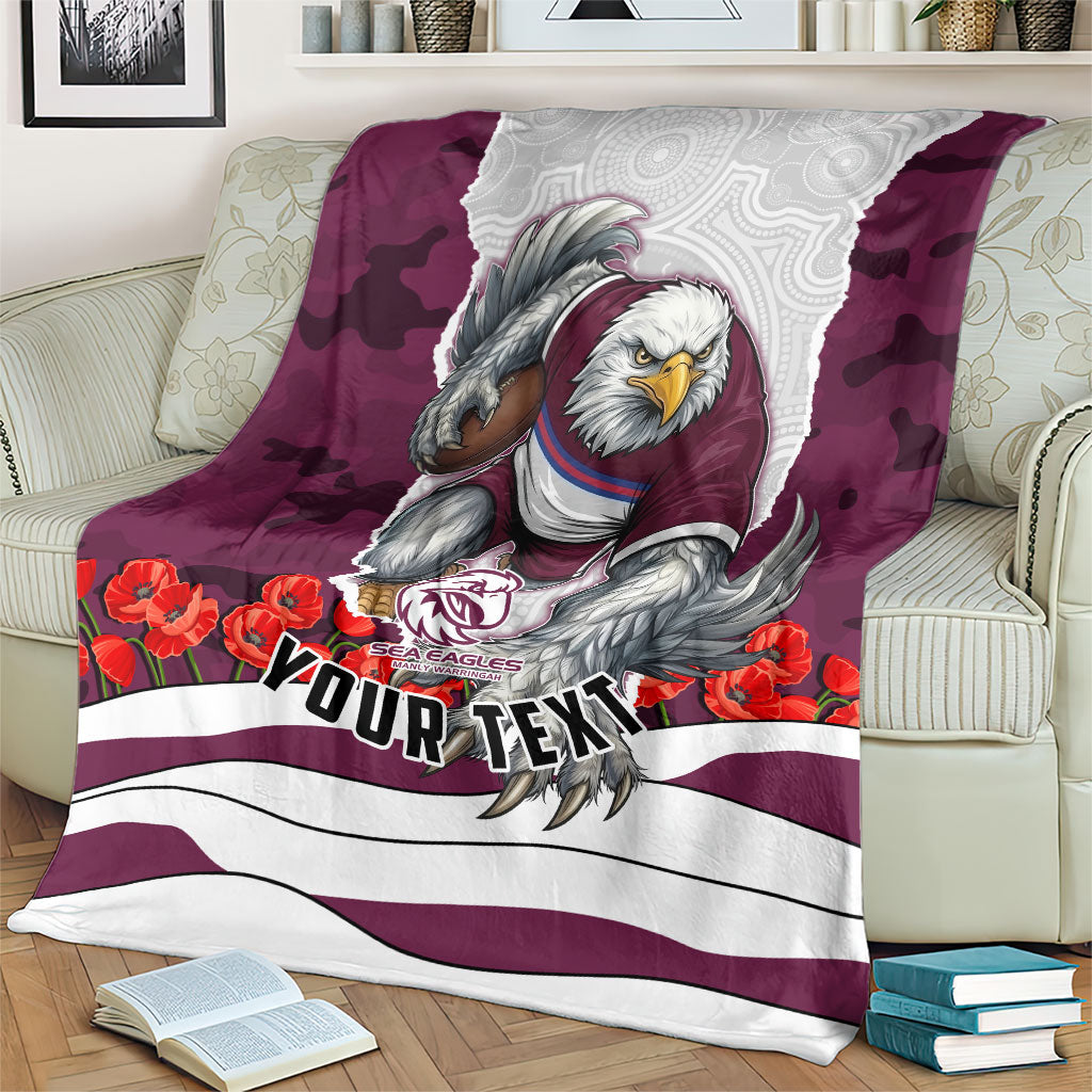 Personalized Sea Eagles ANZAC Tribute Blanket Poppy Field Soldier Silhouette Aboriginal Rugby Mascot