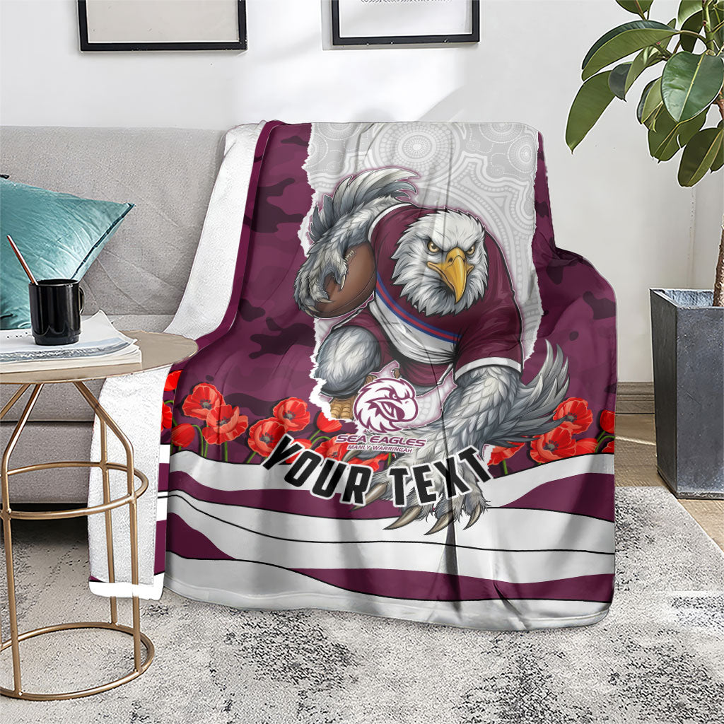 Personalized Sea Eagles ANZAC Tribute Blanket Poppy Field Soldier Silhouette Aboriginal Rugby Mascot