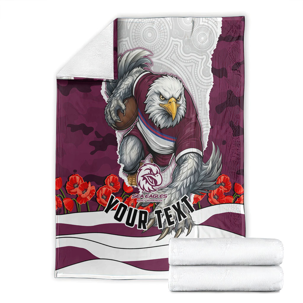 Personalized Sea Eagles ANZAC Tribute Blanket Poppy Field Soldier Silhouette Aboriginal Rugby Mascot