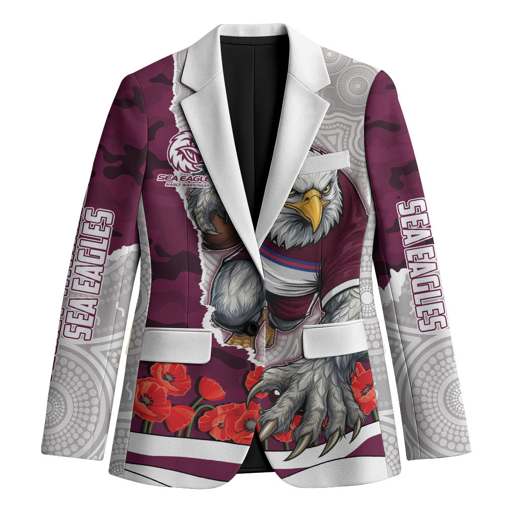 Personalized Sea Eagles ANZAC Tribute Blazer Poppy Field Soldier Silhouette Aboriginal Rugby Mascot