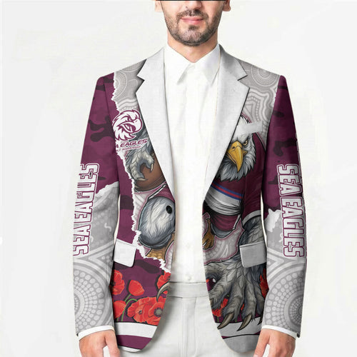 Personalized Sea Eagles ANZAC Tribute Blazer Poppy Field Soldier Silhouette Aboriginal Rugby Mascot