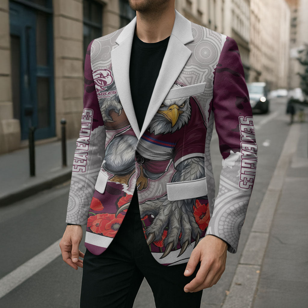 Personalized Sea Eagles ANZAC Tribute Blazer Poppy Field Soldier Silhouette Aboriginal Rugby Mascot