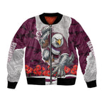 Personalized Sea Eagles ANZAC Tribute Bomber Jacket Poppy Field Soldier Silhouette Aboriginal Rugby Mascot
