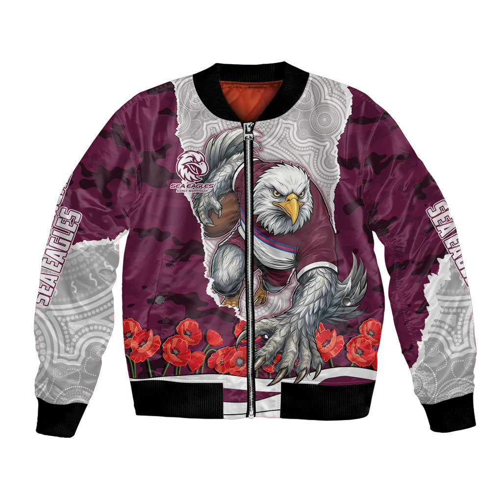 Personalized Sea Eagles ANZAC Tribute Bomber Jacket Poppy Field Soldier Silhouette Aboriginal Rugby Mascot
