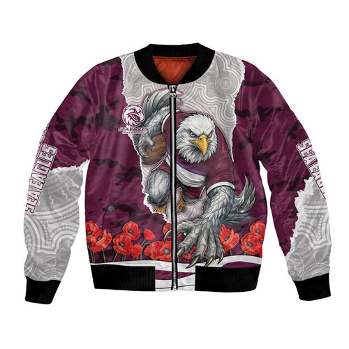 Personalized Sea Eagles ANZAC Tribute Bomber Jacket Poppy Field Soldier Silhouette Aboriginal Rugby Mascot