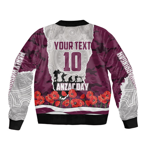 Personalized Sea Eagles ANZAC Tribute Bomber Jacket Poppy Field Soldier Silhouette Aboriginal Rugby Mascot