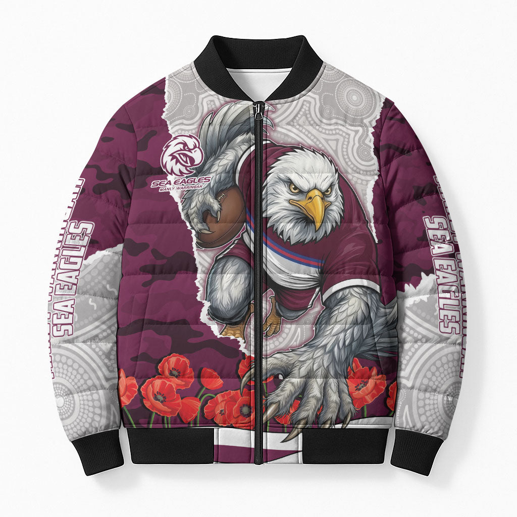 Personalized Sea Eagles ANZAC Tribute Bomber Puffer Jacket Poppy Field Soldier Silhouette Aboriginal Rugby Mascot
