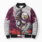 Personalized Sea Eagles ANZAC Tribute Bomber Puffer Jacket Poppy Field Soldier Silhouette Aboriginal Rugby Mascot