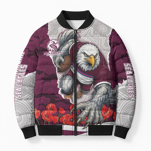 Personalized Sea Eagles ANZAC Tribute Bomber Puffer Jacket Poppy Field Soldier Silhouette Aboriginal Rugby Mascot