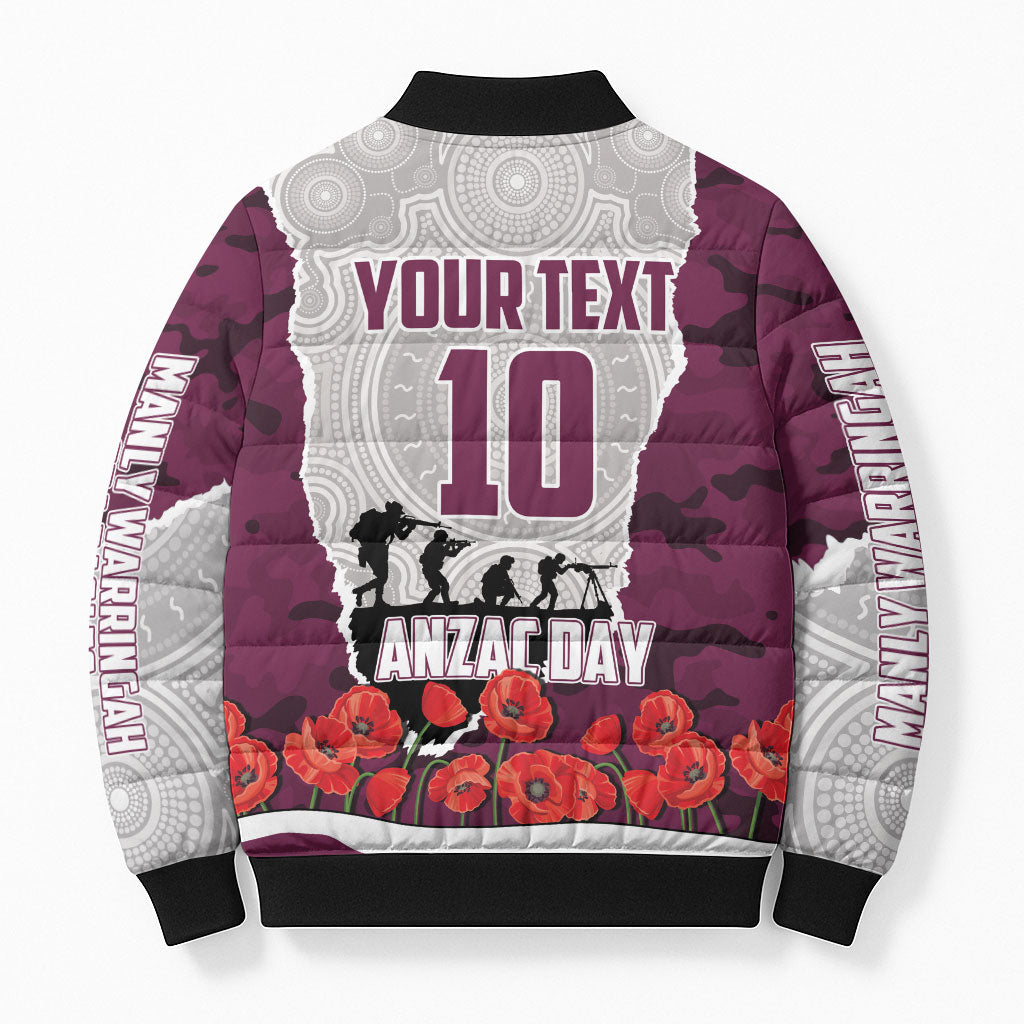 Personalized Sea Eagles ANZAC Tribute Bomber Puffer Jacket Poppy Field Soldier Silhouette Aboriginal Rugby Mascot