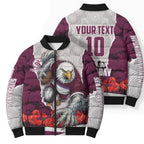Personalized Sea Eagles ANZAC Tribute Bomber Puffer Jacket Poppy Field Soldier Silhouette Aboriginal Rugby Mascot
