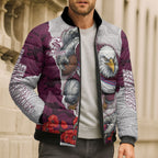 Personalized Sea Eagles ANZAC Tribute Bomber Puffer Jacket Poppy Field Soldier Silhouette Aboriginal Rugby Mascot