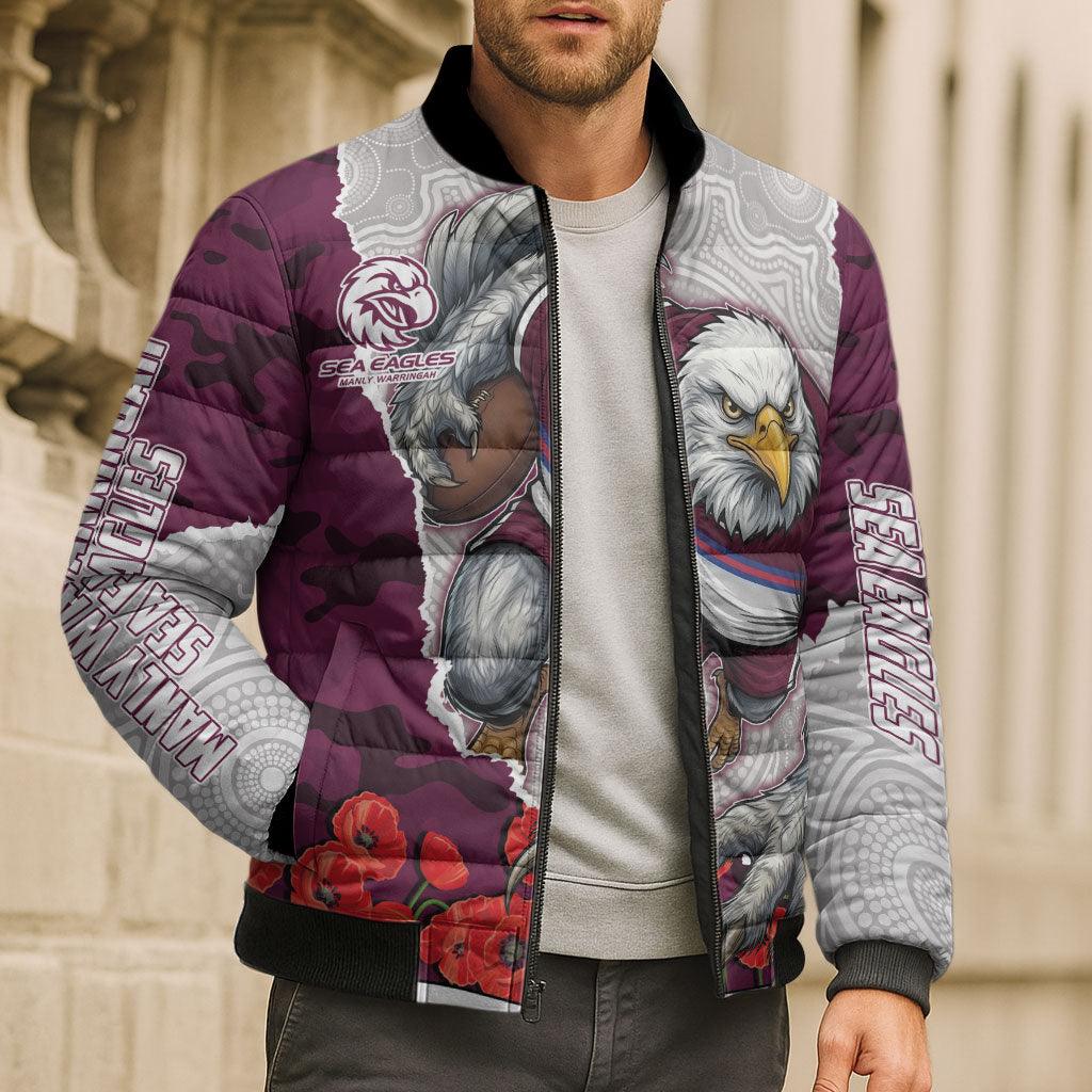 Personalized Sea Eagles ANZAC Tribute Bomber Puffer Jacket Poppy Field Soldier Silhouette Aboriginal Rugby Mascot