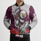 Personalized Sea Eagles ANZAC Tribute Bomber Puffer Jacket Poppy Field Soldier Silhouette Aboriginal Rugby Mascot