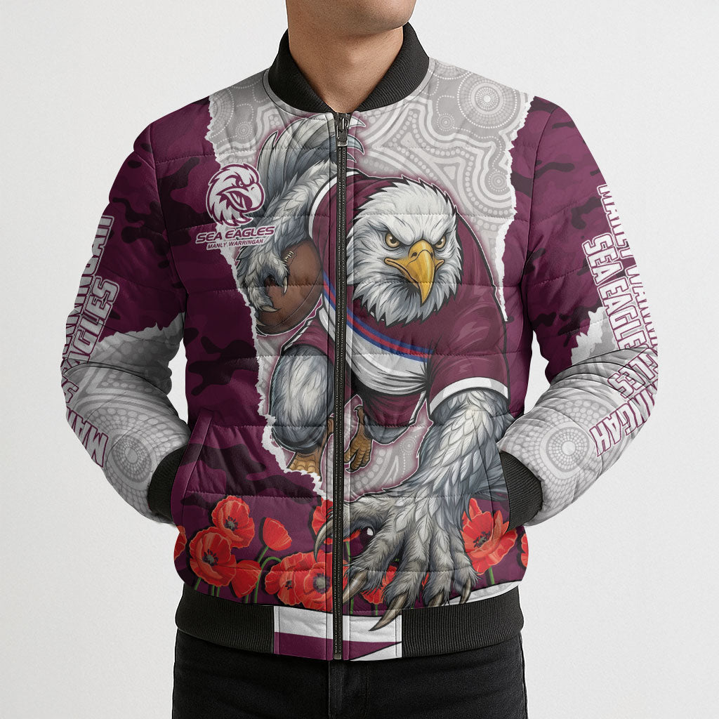Personalized Sea Eagles ANZAC Tribute Bomber Puffer Jacket Poppy Field Soldier Silhouette Aboriginal Rugby Mascot