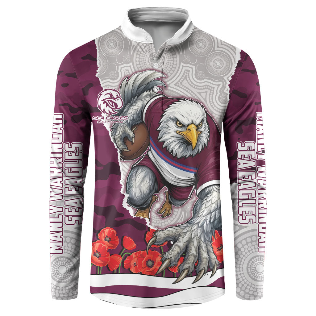 Personalized Sea Eagles ANZAC Tribute Button Sweatshirt Poppy Field Soldier Silhouette Aboriginal Rugby Mascot