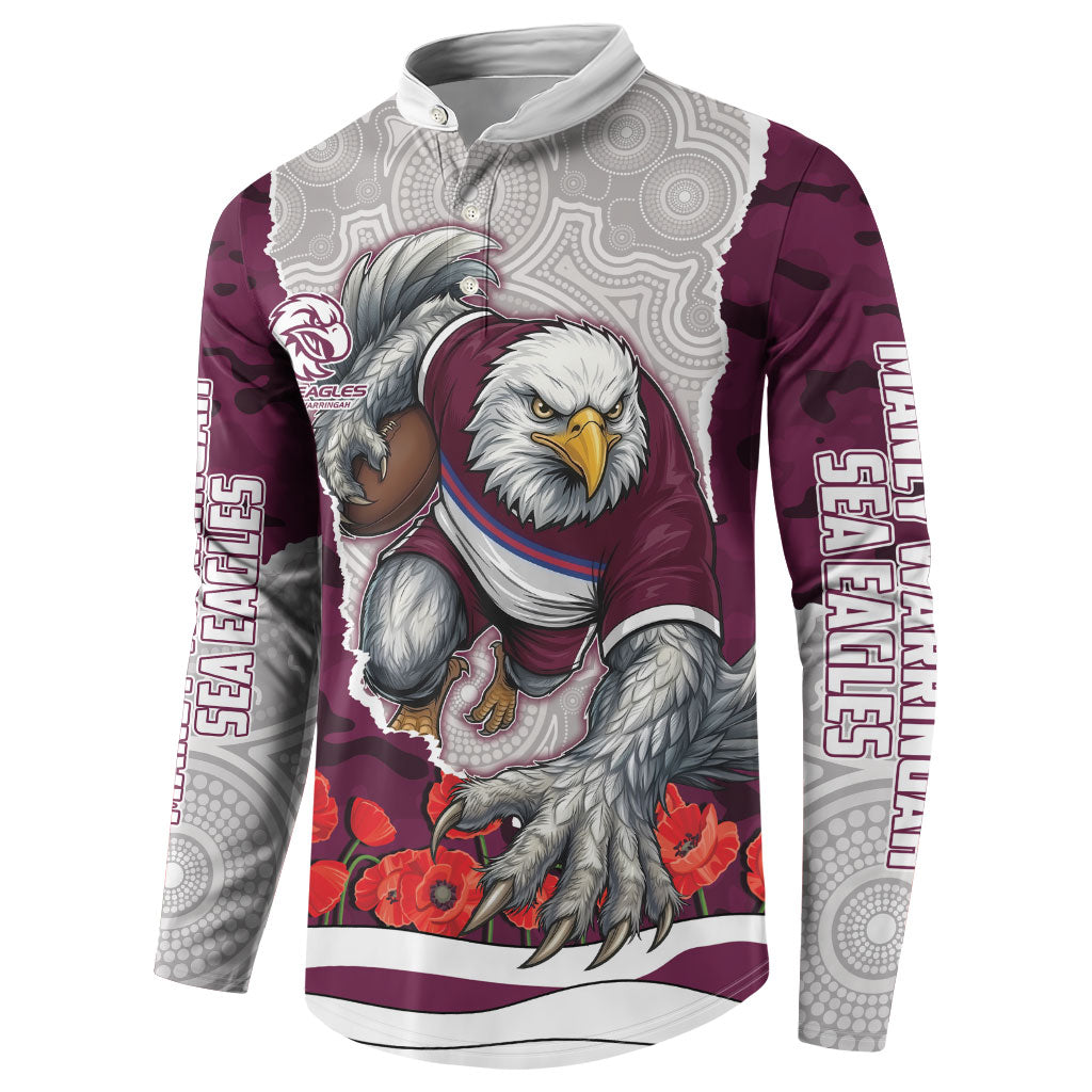 Personalized Sea Eagles ANZAC Tribute Button Sweatshirt Poppy Field Soldier Silhouette Aboriginal Rugby Mascot
