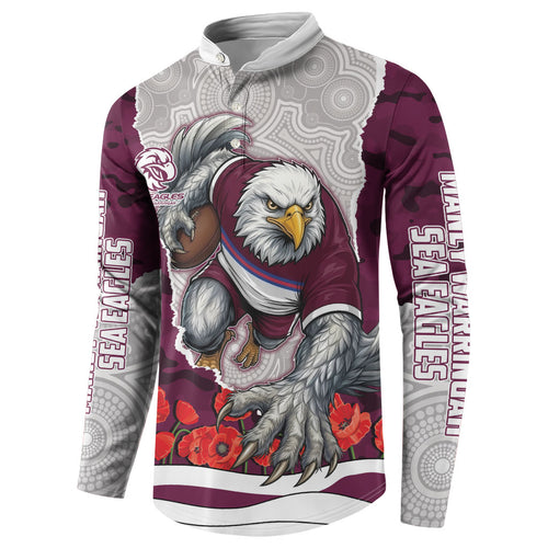 Personalized Sea Eagles ANZAC Tribute Button Sweatshirt Poppy Field Soldier Silhouette Aboriginal Rugby Mascot