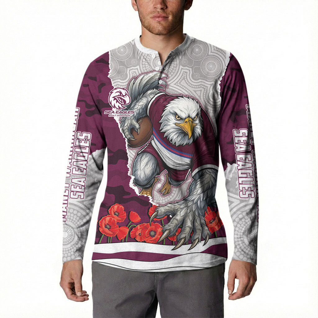 Personalized Sea Eagles ANZAC Tribute Button Sweatshirt Poppy Field Soldier Silhouette Aboriginal Rugby Mascot