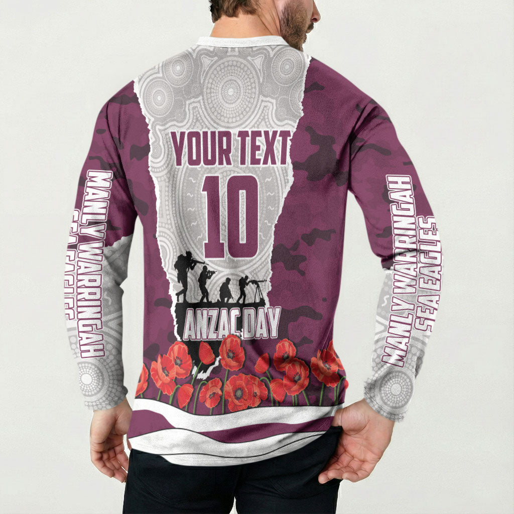 Personalized Sea Eagles ANZAC Tribute Button Sweatshirt Poppy Field Soldier Silhouette Aboriginal Rugby Mascot