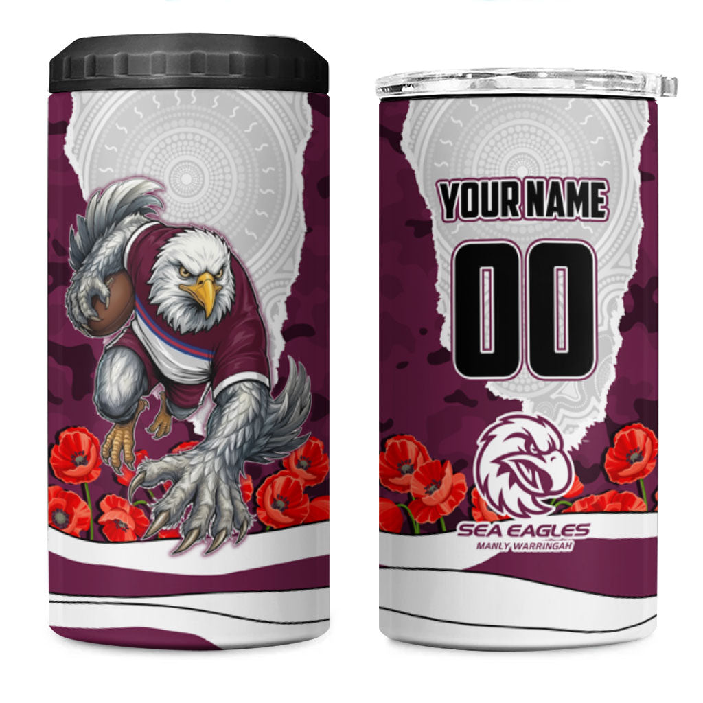 Personalized Sea Eagles ANZAC Tribute 4 in 1 Can Cooler Tumbler Poppy Field Soldier Silhouette Aboriginal Rugby Mascot