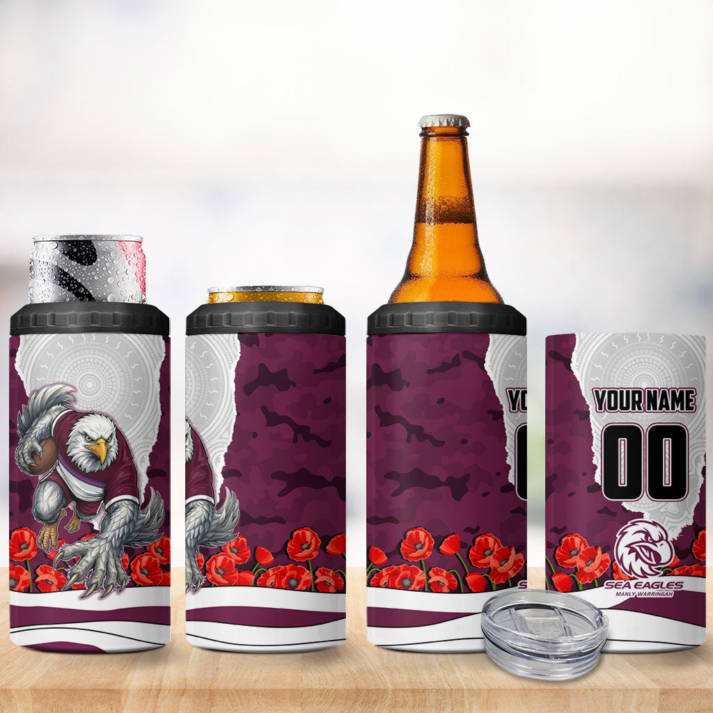 Personalized Sea Eagles ANZAC Tribute 4 in 1 Can Cooler Tumbler Poppy Field Soldier Silhouette Aboriginal Rugby Mascot