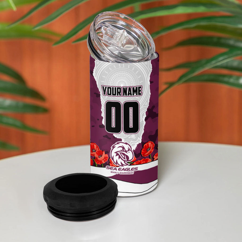 Personalized Sea Eagles ANZAC Tribute 4 in 1 Can Cooler Tumbler Poppy Field Soldier Silhouette Aboriginal Rugby Mascot