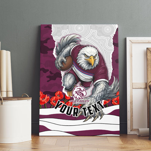Personalized Sea Eagles ANZAC Tribute Canvas Wall Art Poppy Field Soldier Silhouette Aboriginal Rugby Mascot