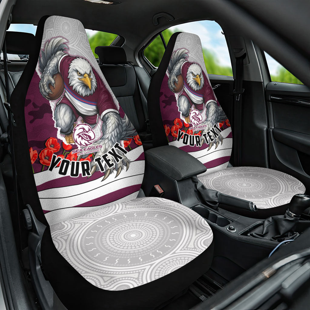 Personalized Sea Eagles ANZAC Tribute Car Seat Cover Poppy Field Soldier Silhouette Aboriginal Rugby Mascot