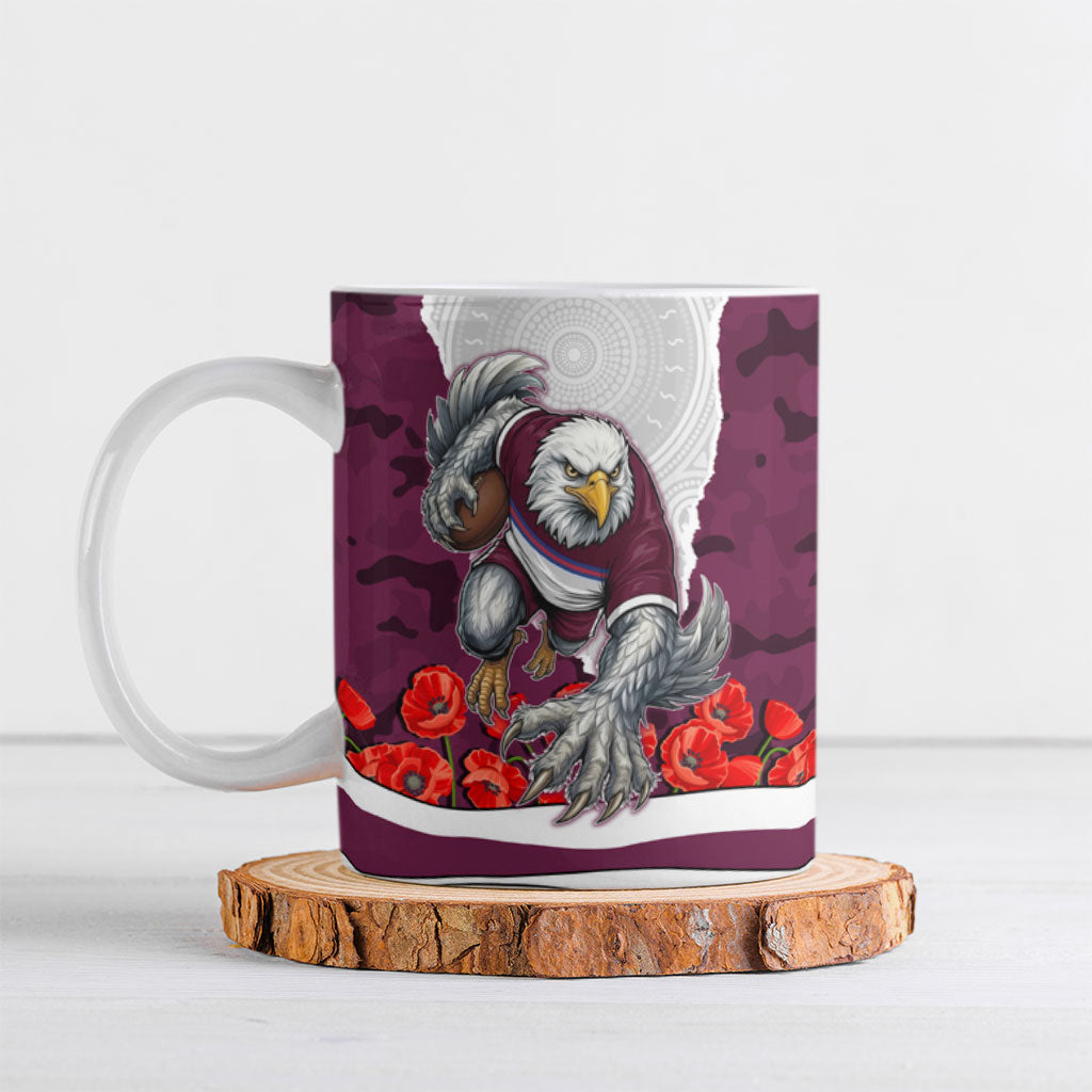 Personalized Sea Eagles ANZAC Tribute Ceramic Mug Poppy Field Soldier Silhouette Aboriginal Rugby Mascot