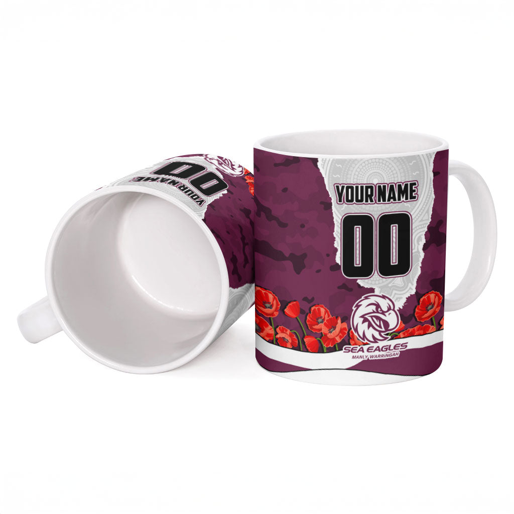 Personalized Sea Eagles ANZAC Tribute Ceramic Mug Poppy Field Soldier Silhouette Aboriginal Rugby Mascot