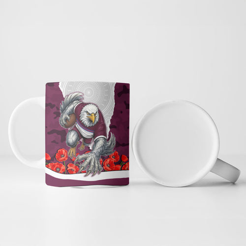 Personalized Sea Eagles ANZAC Tribute Ceramic Mug Poppy Field Soldier Silhouette Aboriginal Rugby Mascot