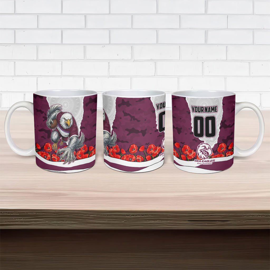 Personalized Sea Eagles ANZAC Tribute Ceramic Mug Poppy Field Soldier Silhouette Aboriginal Rugby Mascot