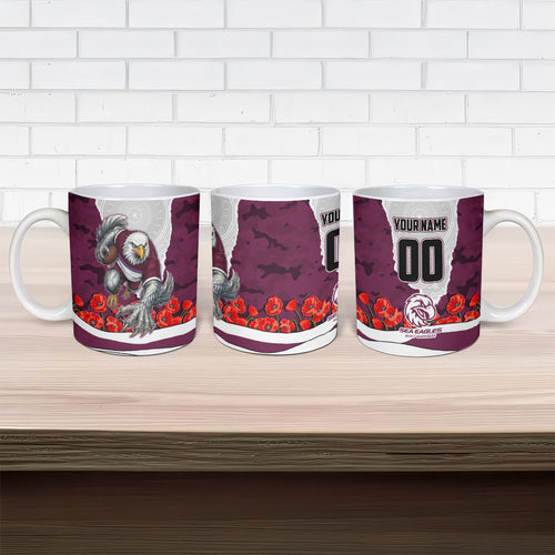 Personalized Sea Eagles ANZAC Tribute Ceramic Mug Poppy Field Soldier Silhouette Aboriginal Rugby Mascot
