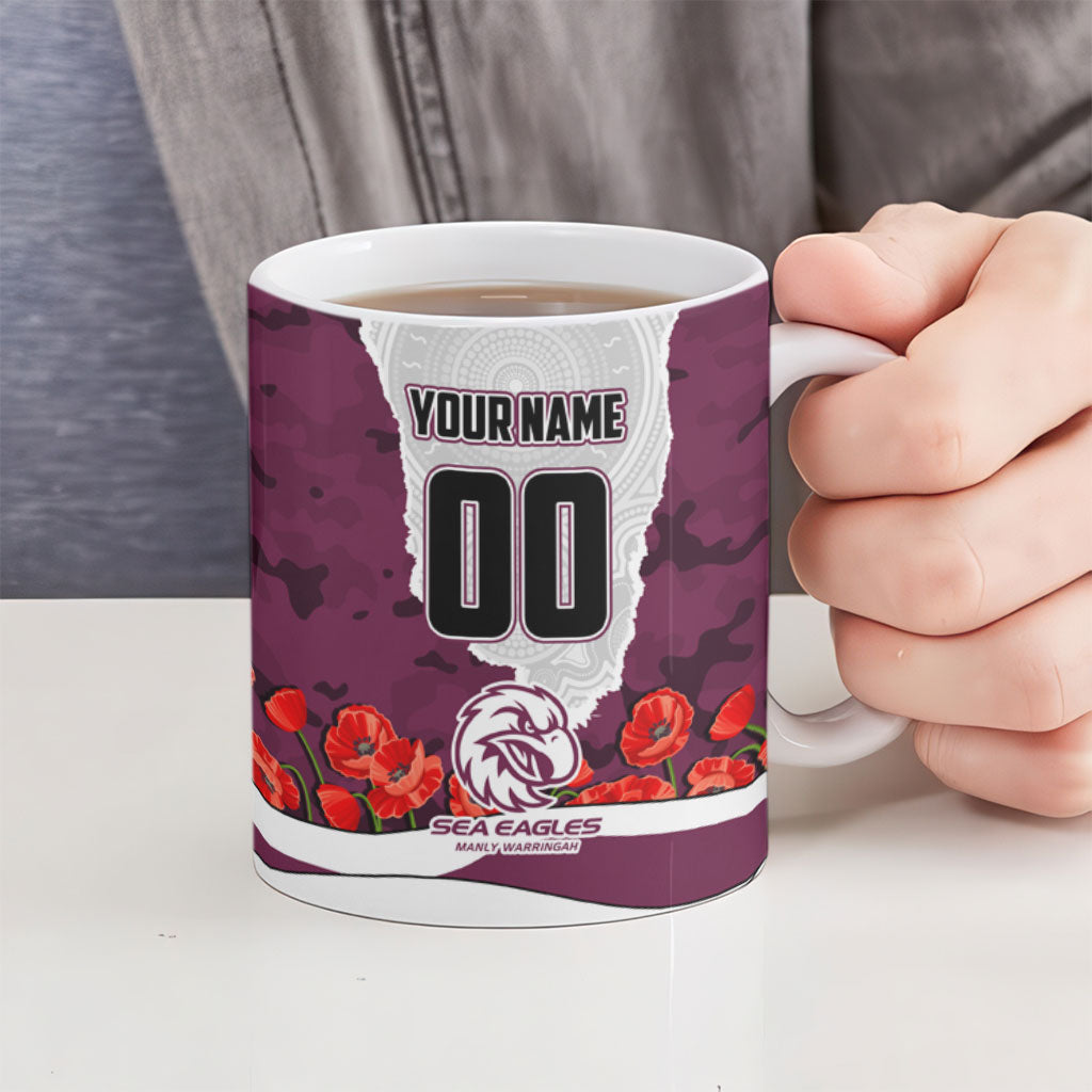 Personalized Sea Eagles ANZAC Tribute Ceramic Mug Poppy Field Soldier Silhouette Aboriginal Rugby Mascot