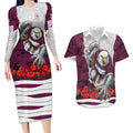 Personalized Sea Eagles ANZAC Tribute Couples Matching Long Sleeve Bodycon Dress and Hawaiian Shirt Poppy Field Soldier Silhouette Aboriginal Rugby Mascot