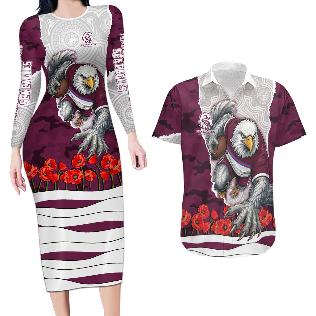 Personalized Sea Eagles ANZAC Tribute Couples Matching Long Sleeve Bodycon Dress and Hawaiian Shirt Poppy Field Soldier Silhouette Aboriginal Rugby Mascot