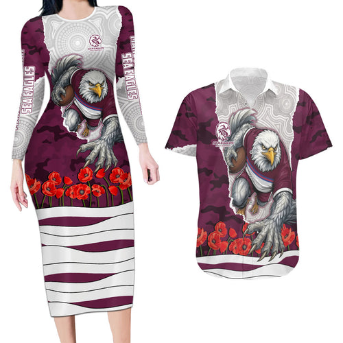 Personalized Sea Eagles ANZAC Tribute Couples Matching Long Sleeve Bodycon Dress and Hawaiian Shirt Poppy Field Soldier Silhouette Aboriginal Rugby Mascot