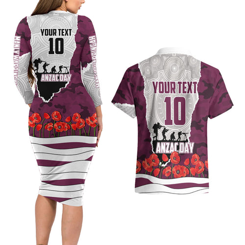 Personalized Sea Eagles ANZAC Tribute Couples Matching Long Sleeve Bodycon Dress and Hawaiian Shirt Poppy Field Soldier Silhouette Aboriginal Rugby Mascot