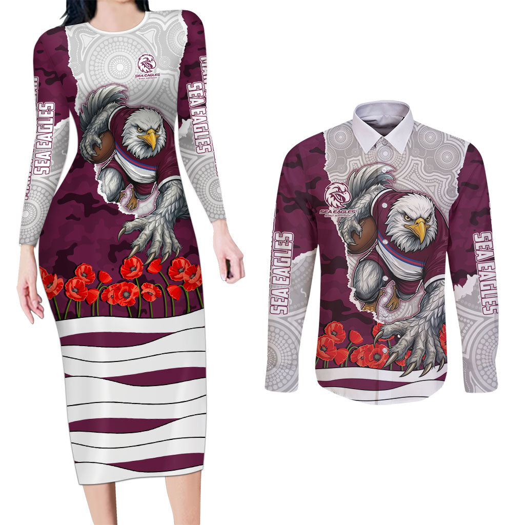 Personalized Sea Eagles ANZAC Tribute Couples Matching Long Sleeve Bodycon Dress and Long Sleeve Button Shirt Poppy Field Soldier Silhouette Aboriginal Rugby Mascot
