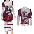 Personalized Sea Eagles ANZAC Tribute Couples Matching Long Sleeve Bodycon Dress and Long Sleeve Button Shirt Poppy Field Soldier Silhouette Aboriginal Rugby Mascot