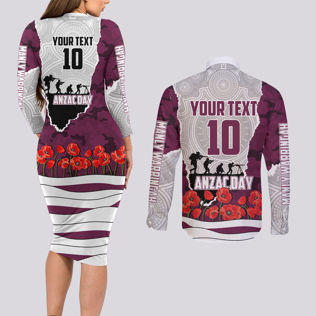 Personalized Sea Eagles ANZAC Tribute Couples Matching Long Sleeve Bodycon Dress and Long Sleeve Button Shirt Poppy Field Soldier Silhouette Aboriginal Rugby Mascot