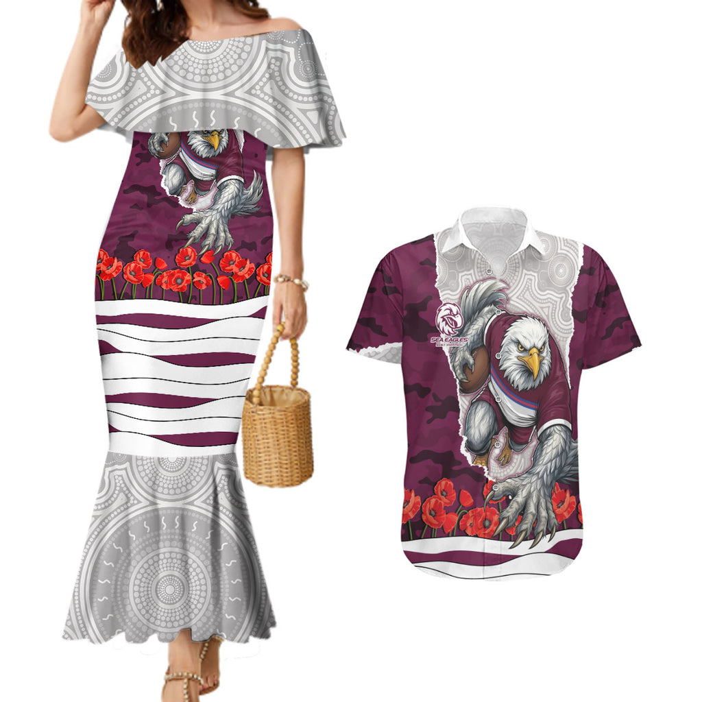 Personalized Sea Eagles ANZAC Tribute Couples Matching Mermaid Dress and Hawaiian Shirt Poppy Field Soldier Silhouette Aboriginal Rugby Mascot