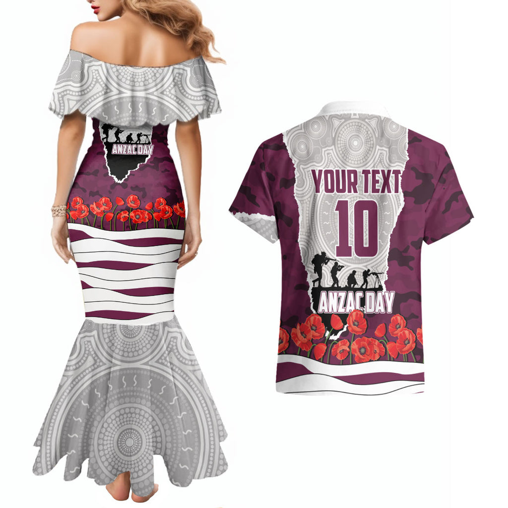 Personalized Sea Eagles ANZAC Tribute Couples Matching Mermaid Dress and Hawaiian Shirt Poppy Field Soldier Silhouette Aboriginal Rugby Mascot