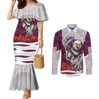 Personalized Sea Eagles ANZAC Tribute Couples Matching Mermaid Dress and Long Sleeve Button Shirt Poppy Field Soldier Silhouette Aboriginal Rugby Mascot