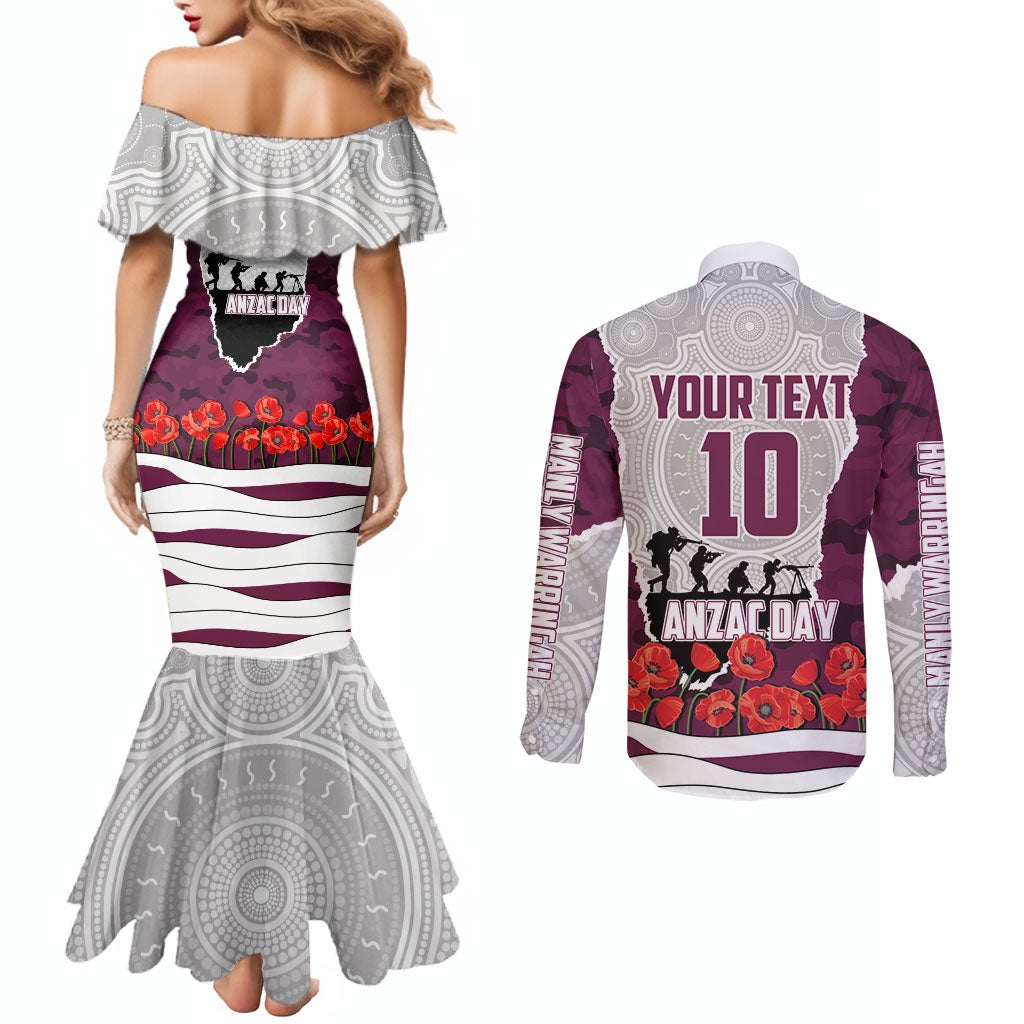 Personalized Sea Eagles ANZAC Tribute Couples Matching Mermaid Dress and Long Sleeve Button Shirt Poppy Field Soldier Silhouette Aboriginal Rugby Mascot