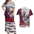 Personalized Sea Eagles ANZAC Tribute Couples Matching Off Shoulder Maxi Dress and Hawaiian Shirt Poppy Field Soldier Silhouette Aboriginal Rugby Mascot